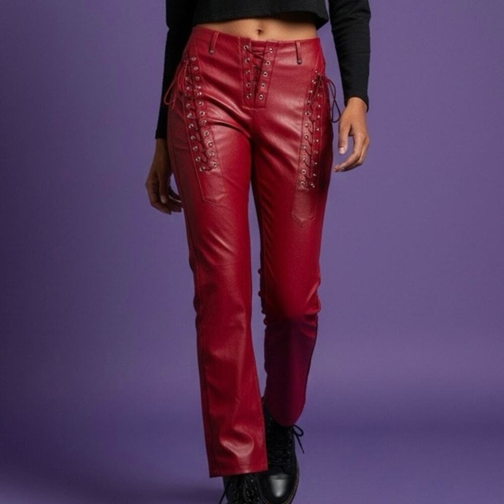 Red Faux leather lace up pants Size small